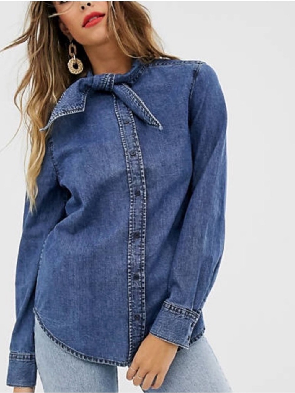 & Other Stories tie neck denim top button down shirt 100% cotton 10 M L
